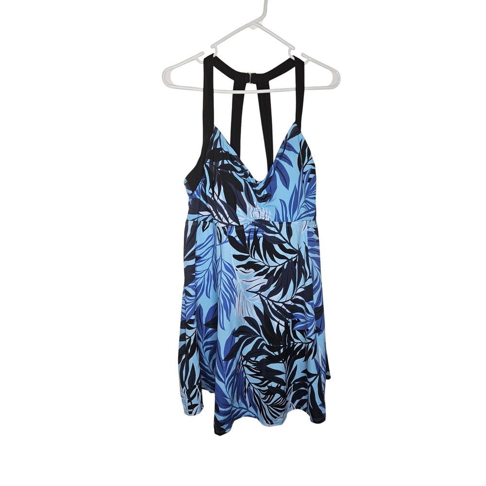 Avenue H-Back Swimdress Size 24W Blue Leaf Print Bust Support Plus Size